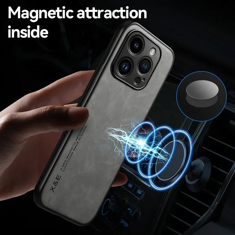 Luxury Leather Case For iPhone With Metal Plate Support Car Hold