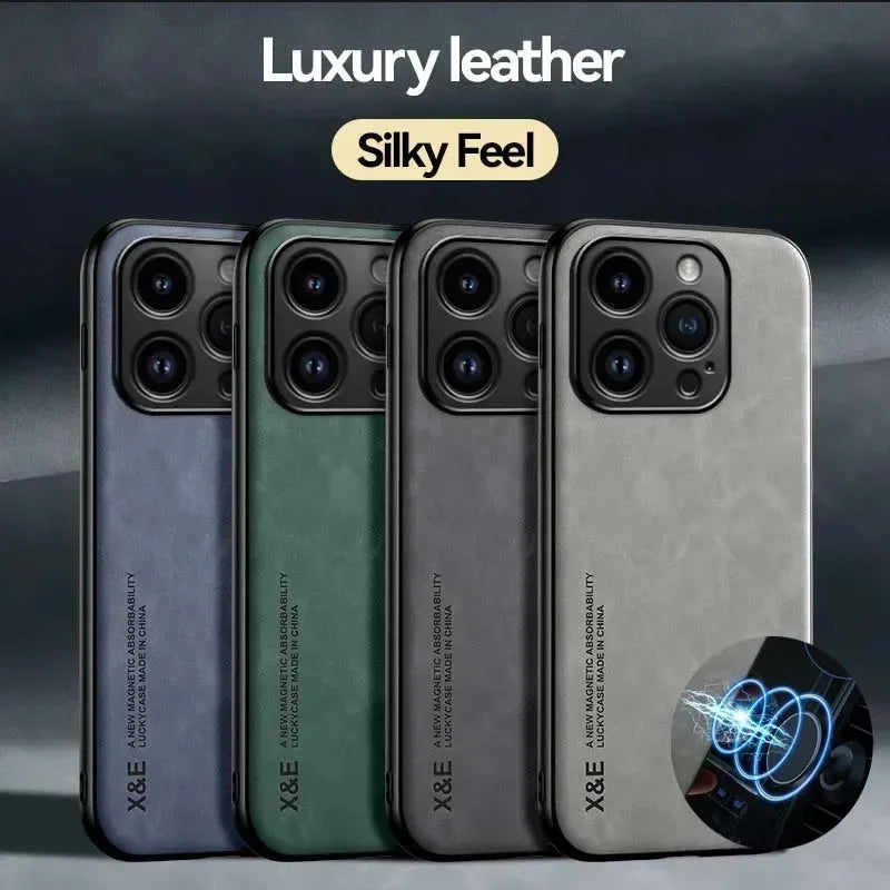 Luxury Leather Case For iPhone With Metal Plate Support Car Hold