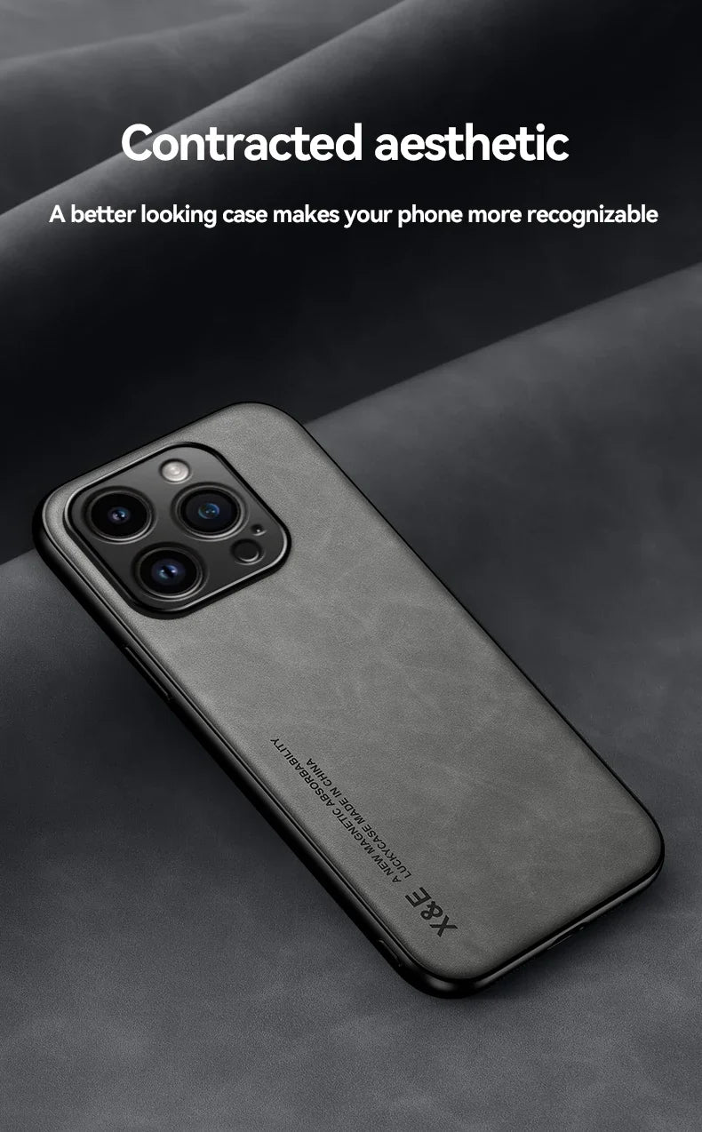 Luxury Leather Case For iPhone With Metal Plate Support Car Hold