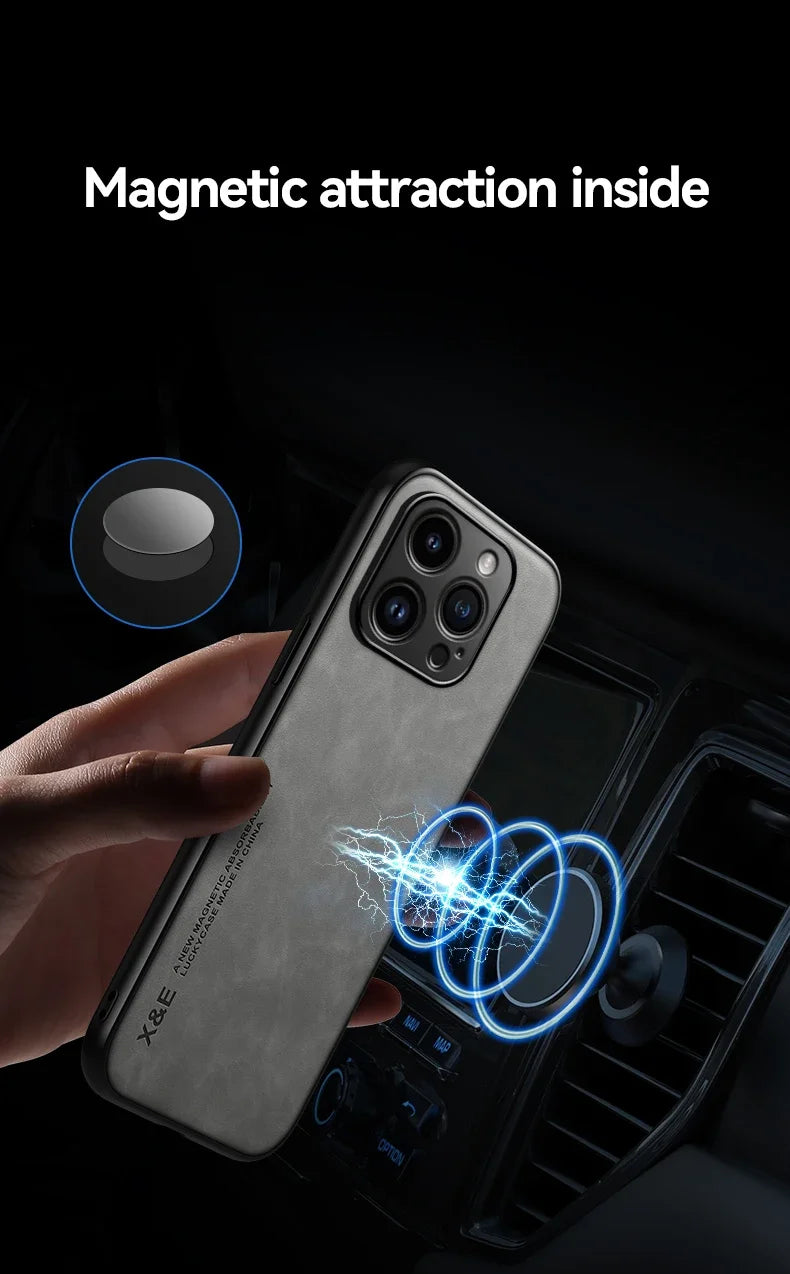 Luxury Leather Case For iPhone With Metal Plate Support Car Hold