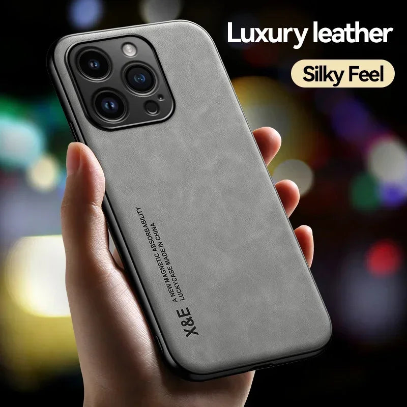 Luxury Leather Case For iPhone With Metal Plate Support Car Hold