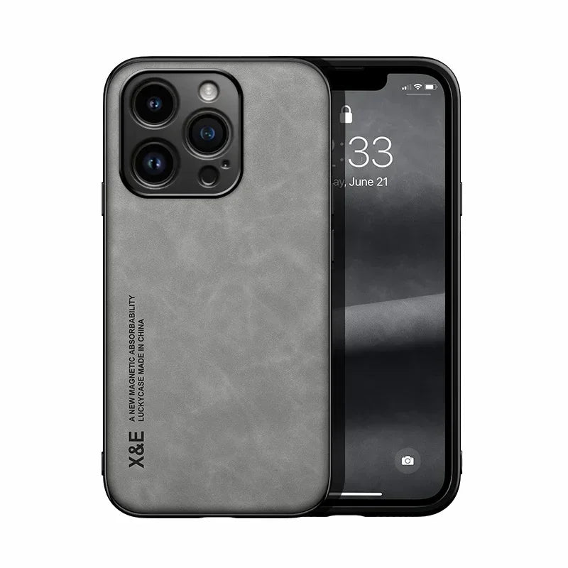 Luxury Leather Case For iPhone With Metal Plate Support Car Hold