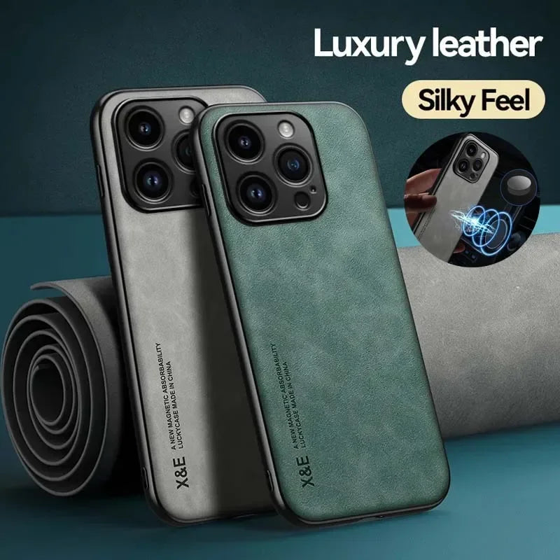 Luxury Leather Case For iPhone With Metal Plate Support Car Hold